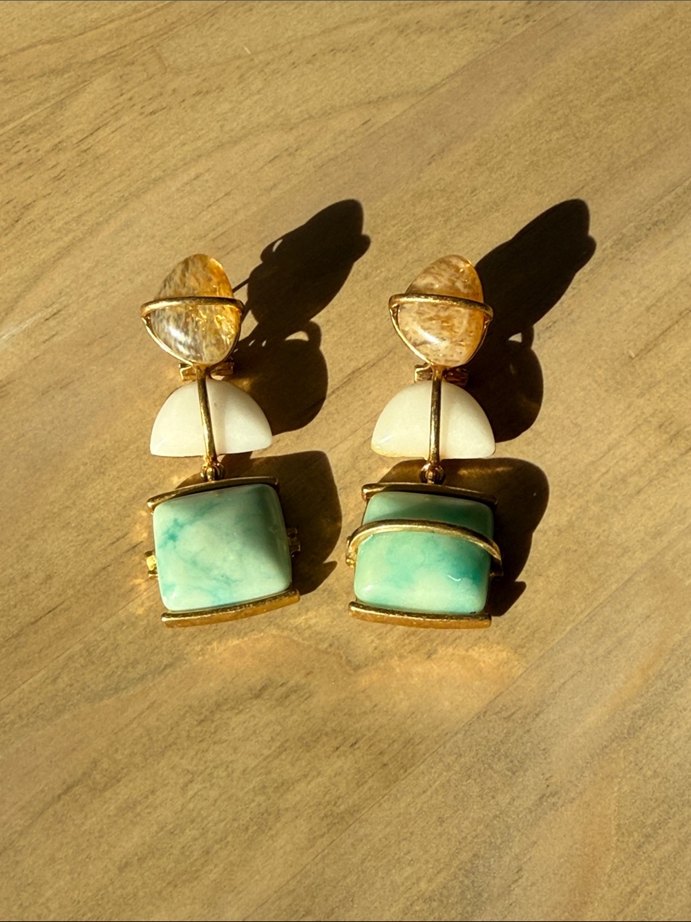 gem stone drop earrings in citrine, white, and turquoise color with gold